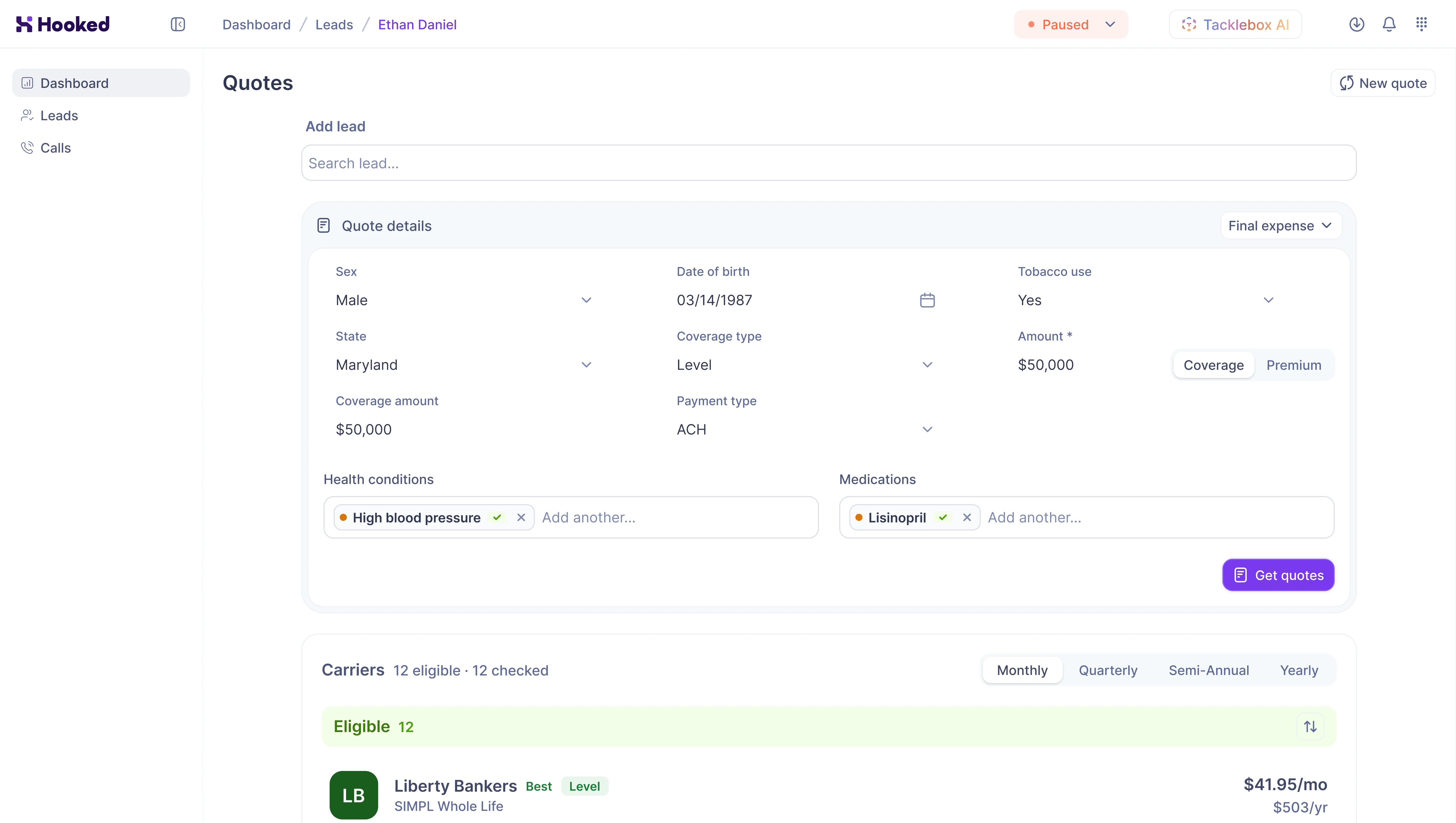 A screenshot of the Hooked application showing off its quoting software.