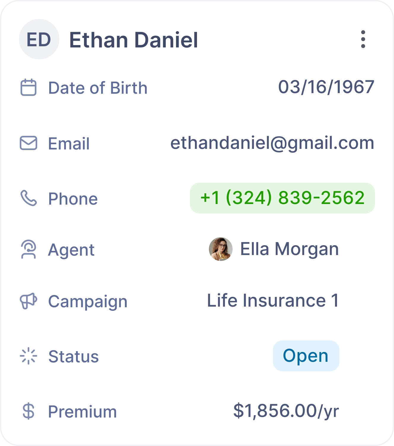 Hooked CRM dashboard showing the active life insurance lead Ethan Daniel: assigned agent, campaign, status, premium, follow-up notes, and live call disposition.