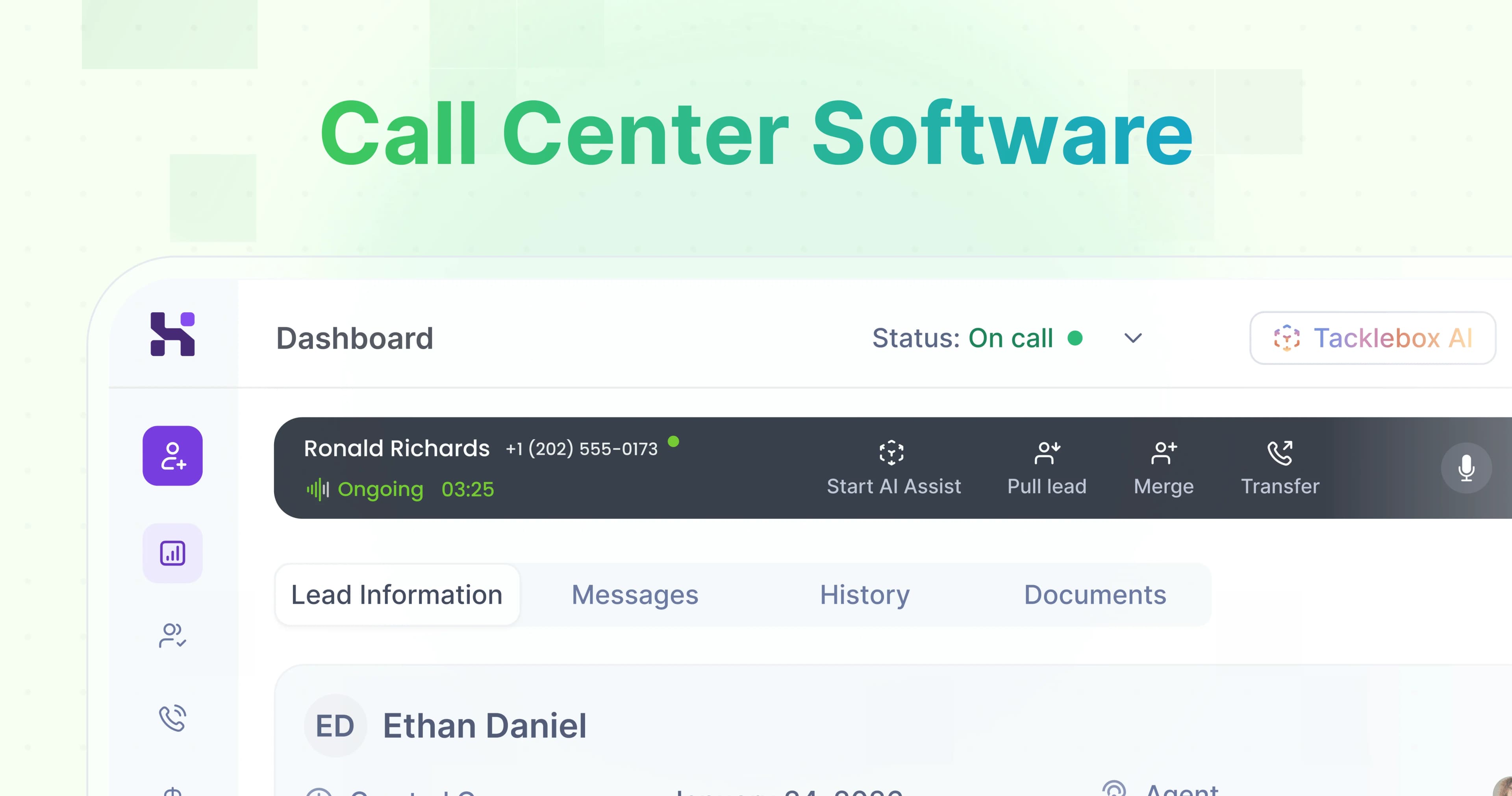The feature image for a "Call Center Software" article on HookedCRM. It has the words "Call Center Software" above the HookedCRM dashboard.