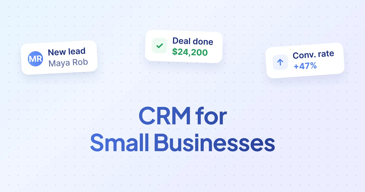 The feature image for "CRM for Small Businesses" on Hooked CRM. It has information on new leads