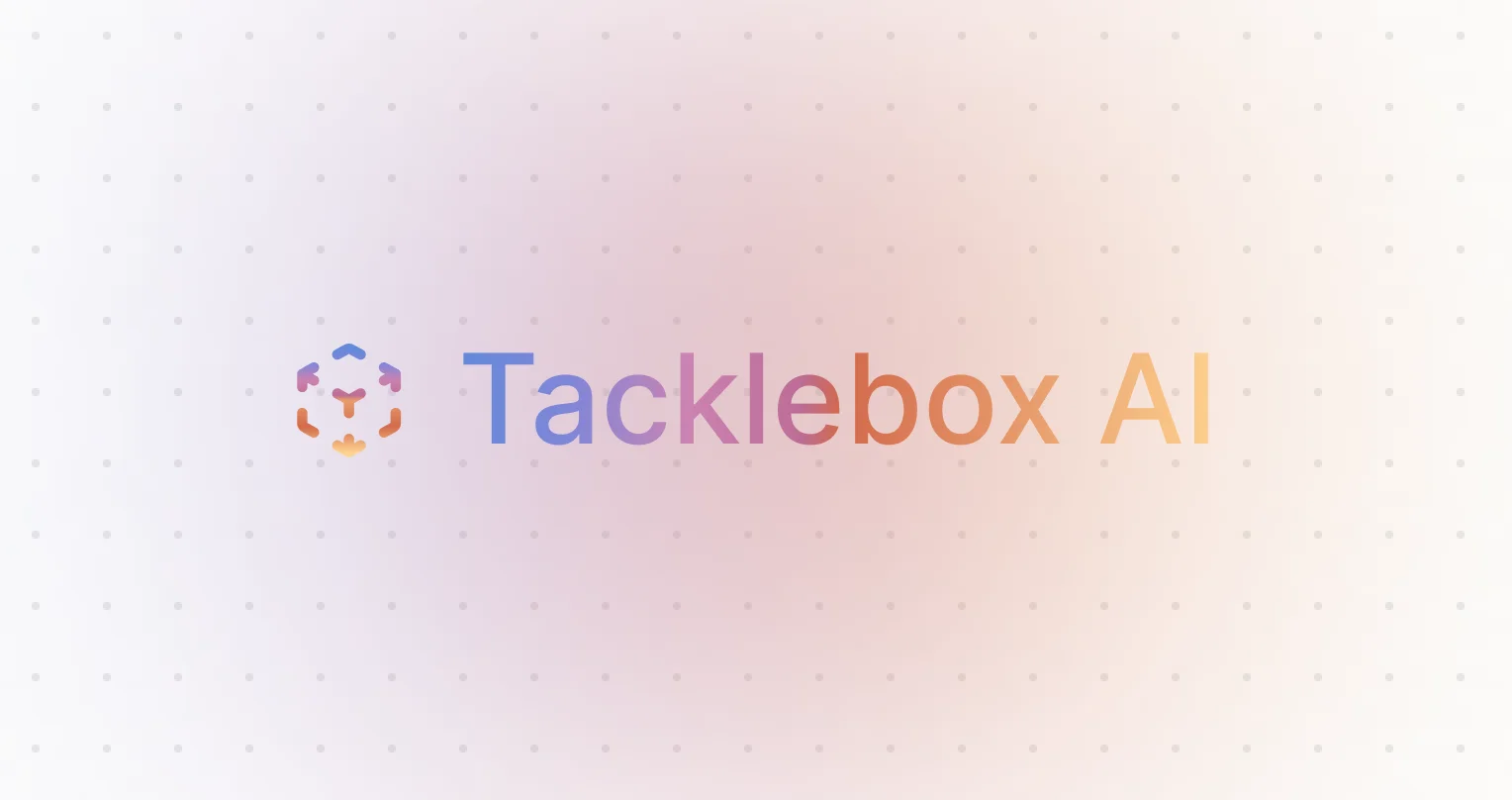 The words 'Tacklebox AI' set in a blue to orange gradient. Shows the icon for Tacklebox AI beside it