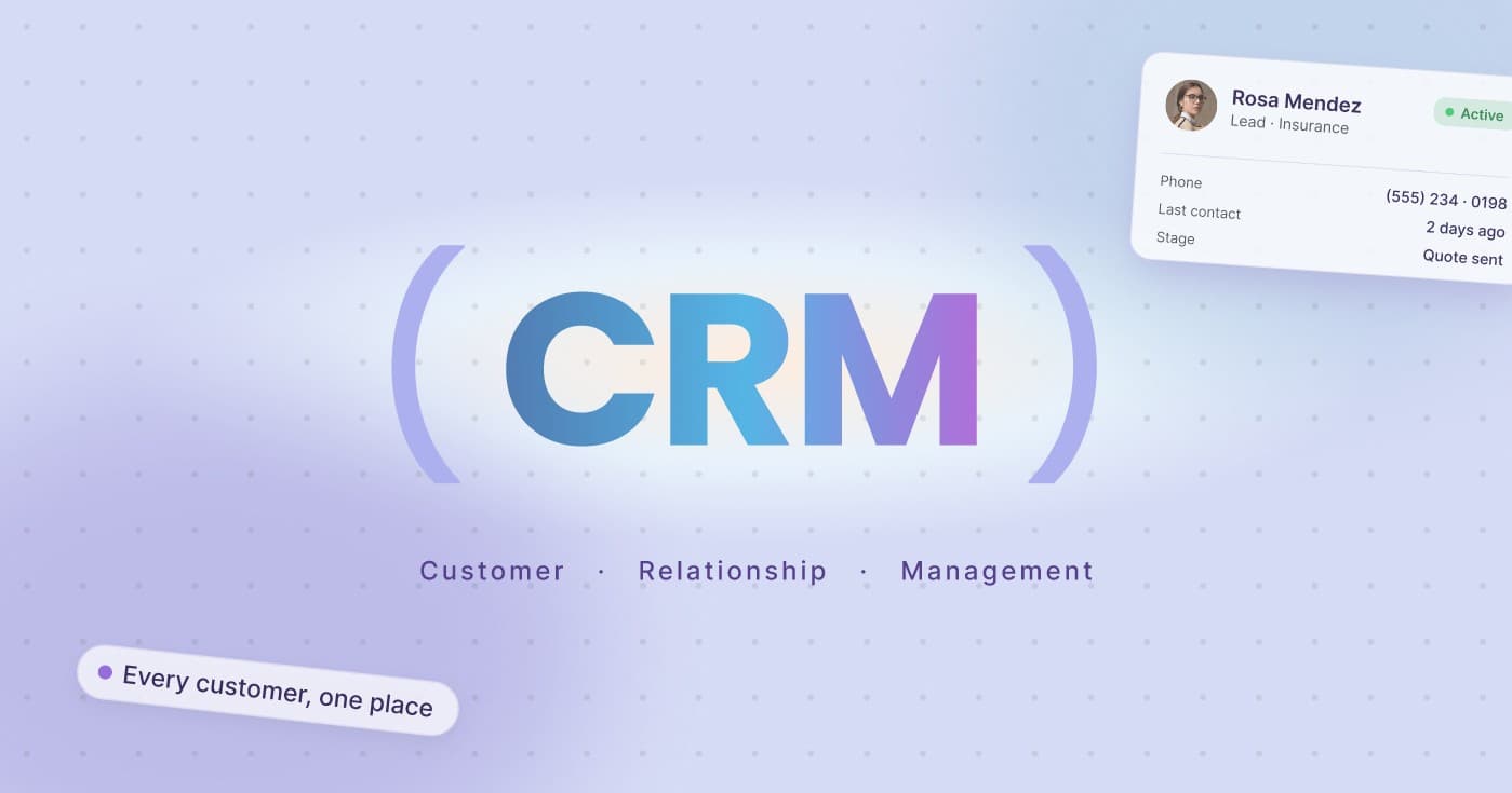 The abbreviation CRM in parenthesis with the words "Customer Relationship Management" under it. A section of the Hooked UI is featured on this image and the words "Every customer, one place" on the bottom lefthand side. 