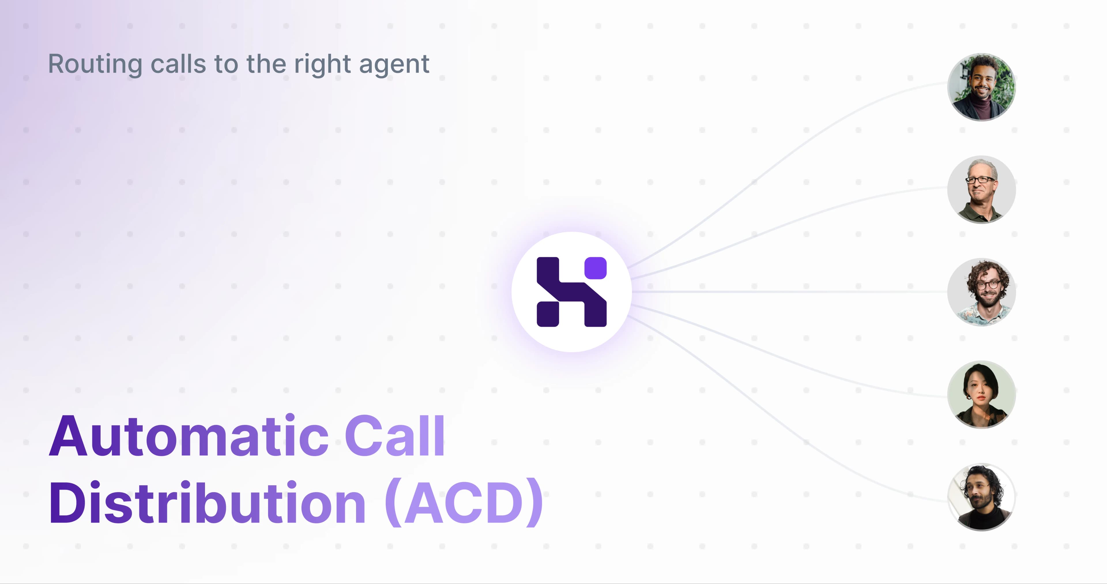 A feature photo for the article "Automatic Call Distribution" from Hooked CRM. It shows Hooked fanning out to five agents.