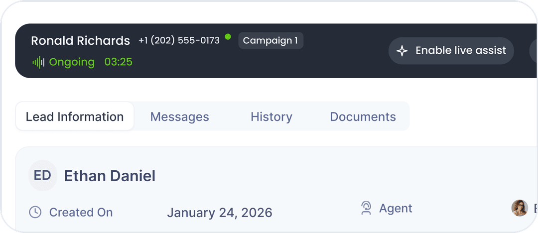 Lead information panel with call details overlay