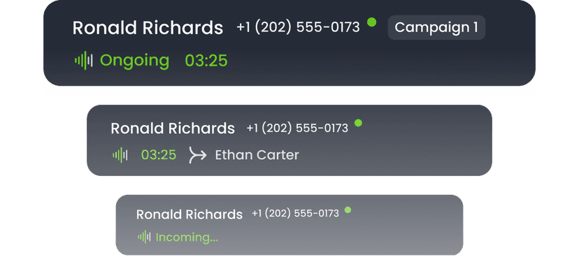 Incoming call banner showing caller name, number, and campaign