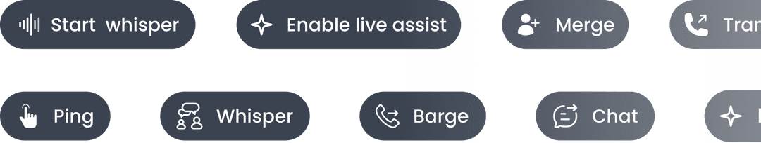 Call action buttons including whisper, barge, merge, and transfer