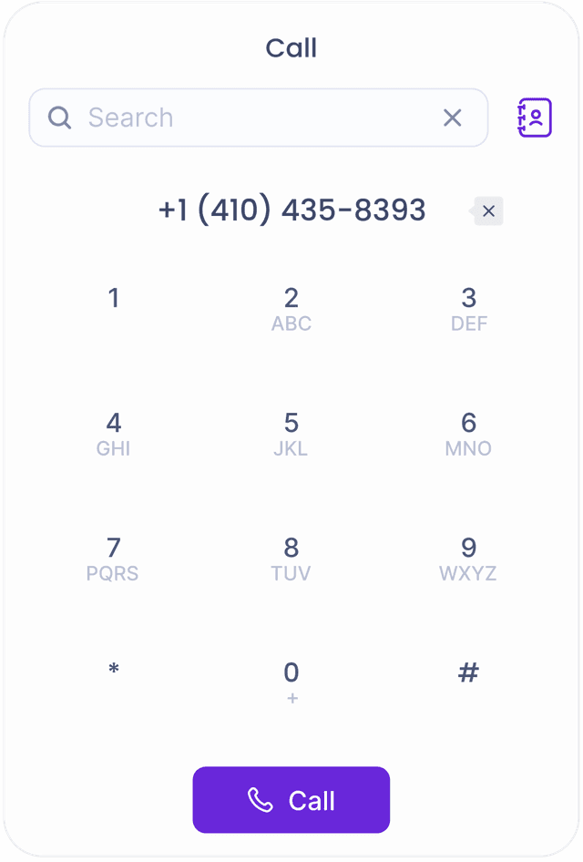 Phone dialpad interface with number pad and call button