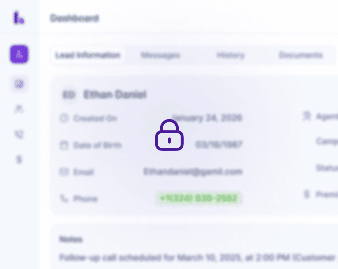 Dashboard with lead information overlaid with a lock icon and blur effect