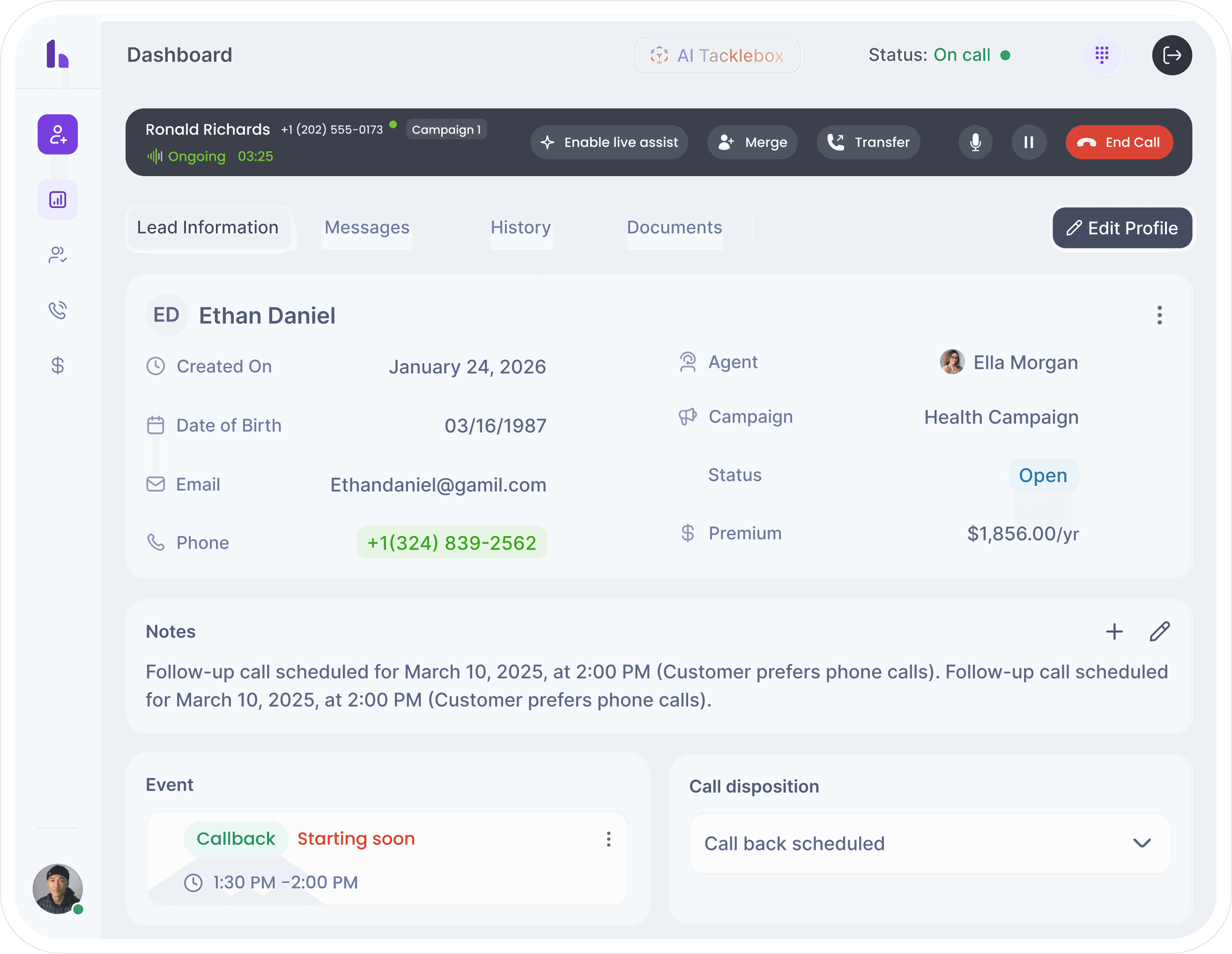 CRM dashboard showing lead information, call controls, and customer details