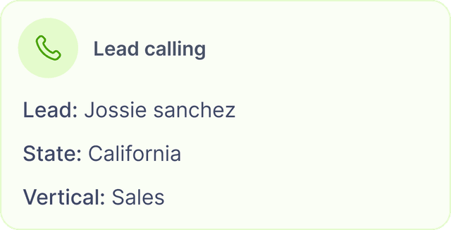 Lead calling card showing lead name, state, and vertical