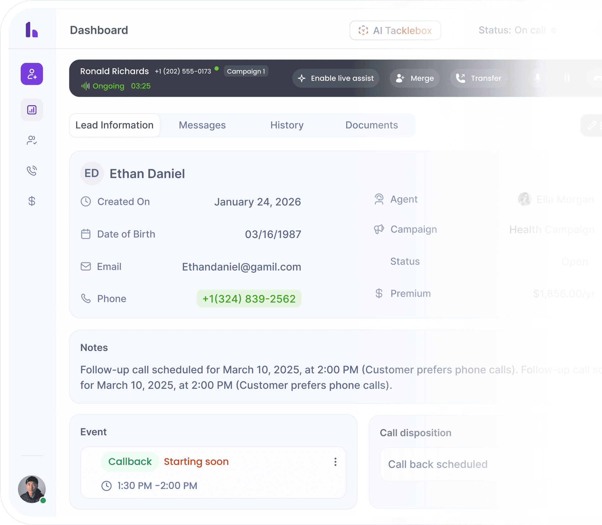 CRM dashboard showing lead information, call controls, and customer details
