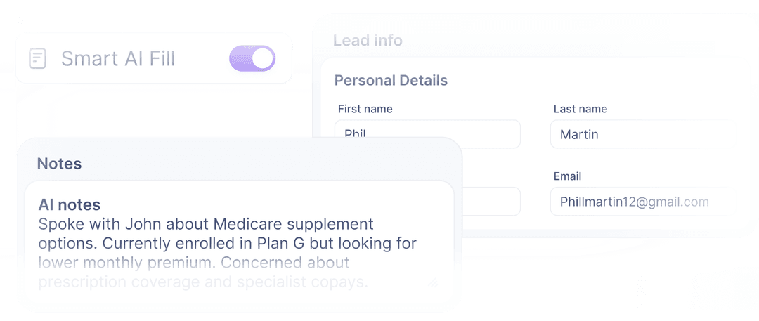 AI-assisted notes and data capture interface with smart fill toggle
