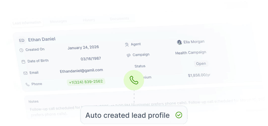 Lead profile auto-created from incoming call with customer details