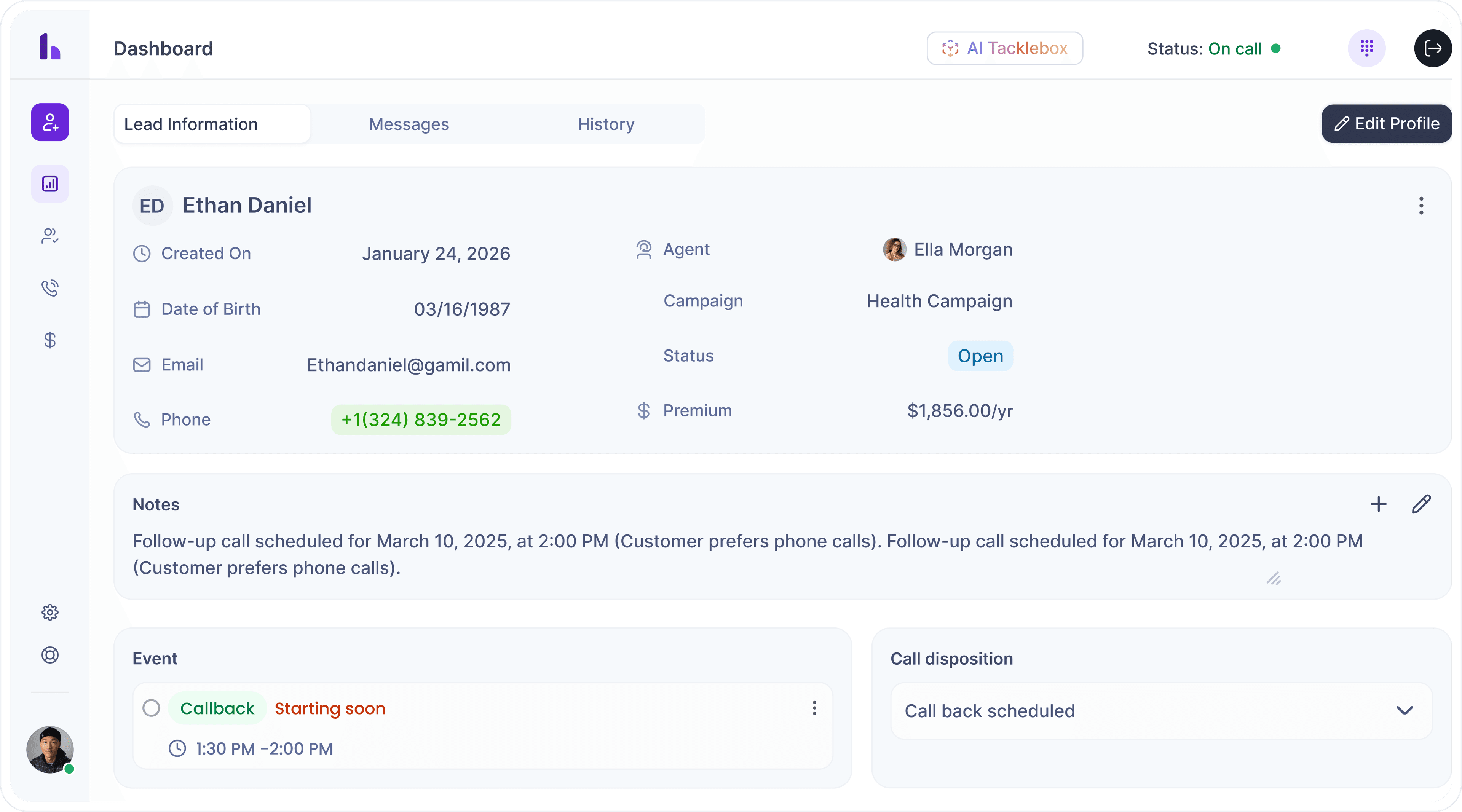 Customer workspace showing lead information with contact details, notes, events, and call disposition