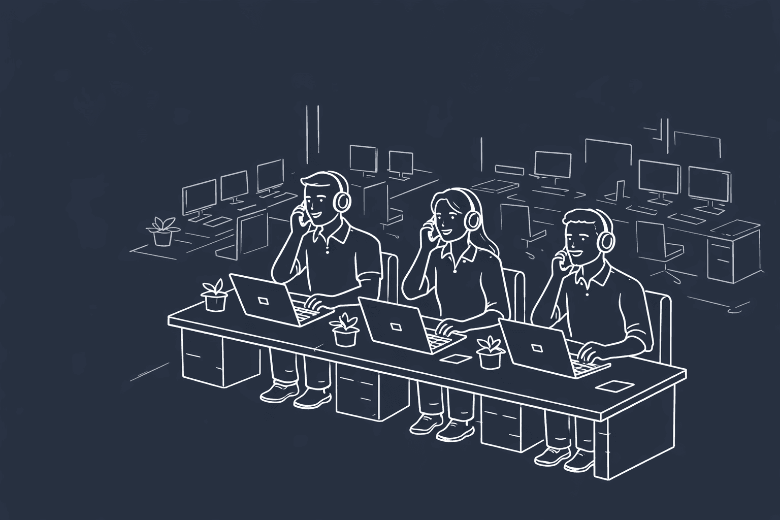 A line art image of folks in a call center. They are talking on their headset and sit in front of a computer.