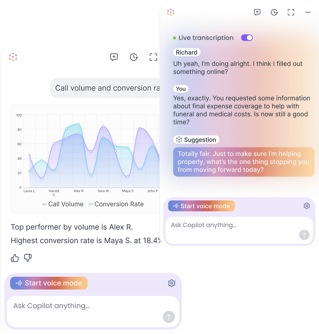 TackleBox AI dashboard showing live transcription, AI suggestions, and analytics chart