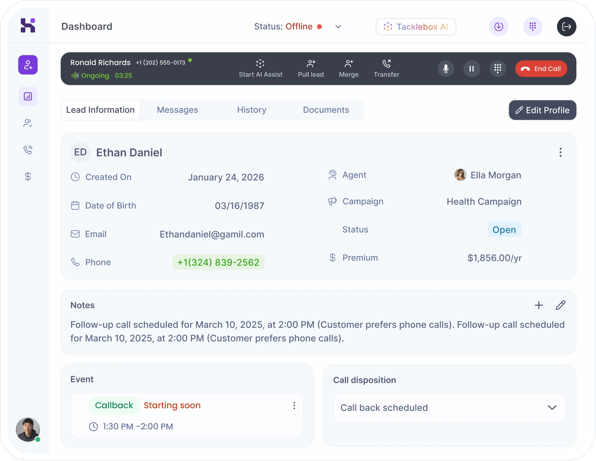 CRM dashboard showing lead information, call controls, and customer details
