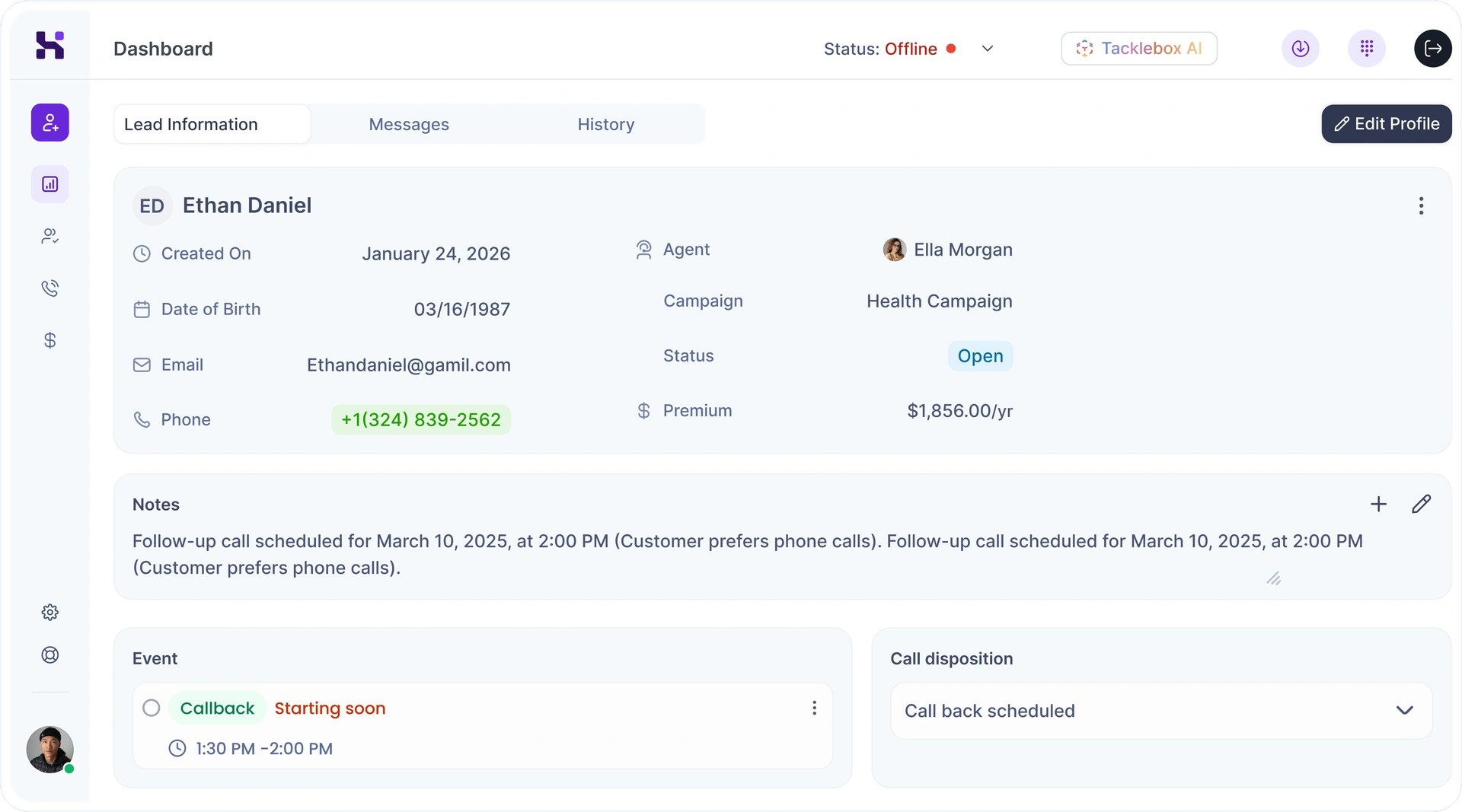 Customer workspace showing lead information with contact details, notes, events, and call disposition