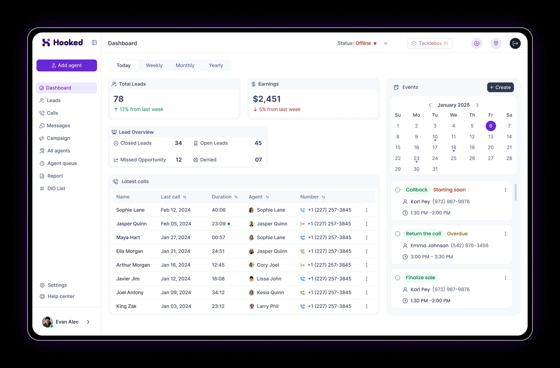 Hooked Dashboard view