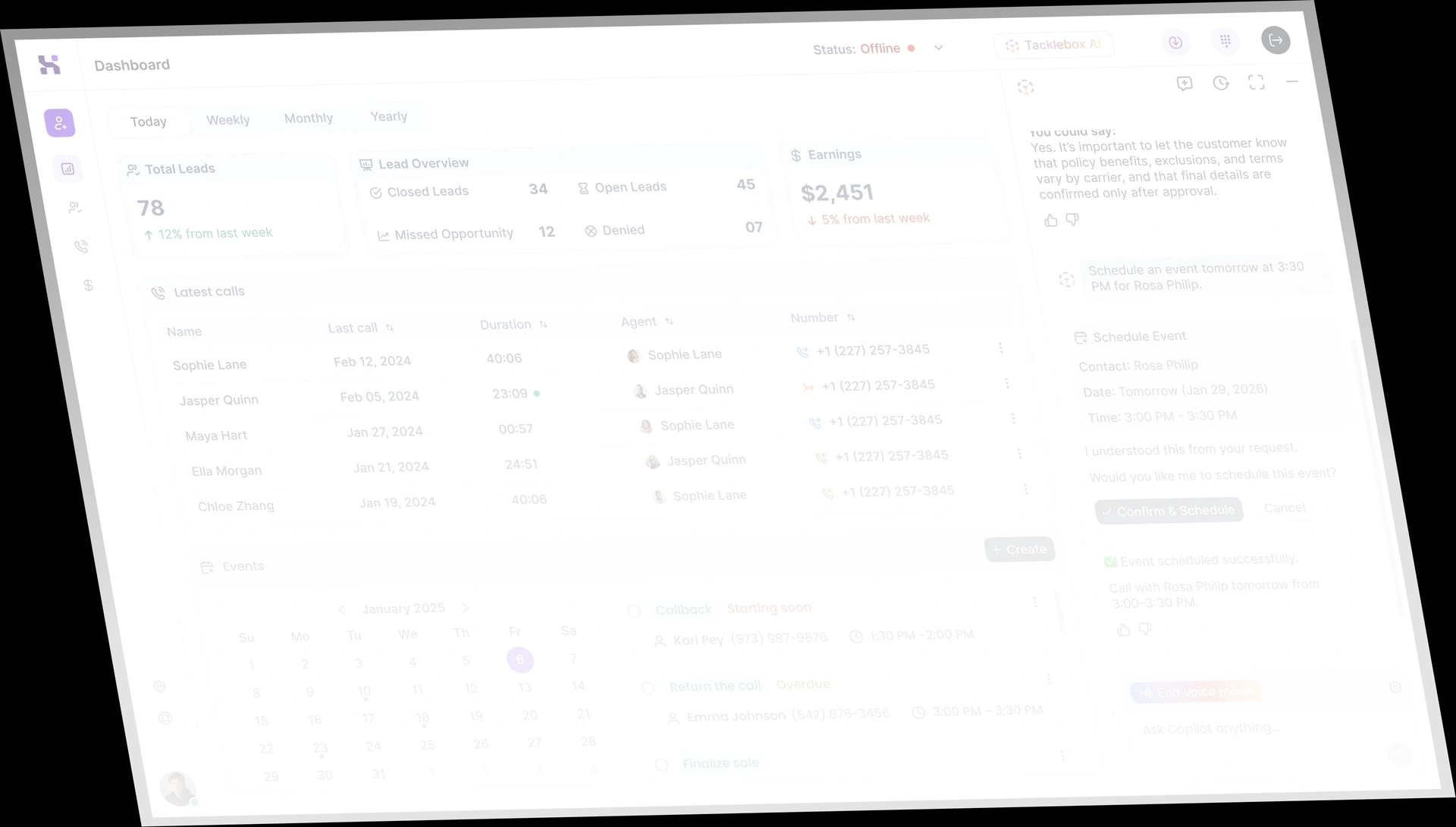 Hooked CRM dashboard showing unified sales platform interface