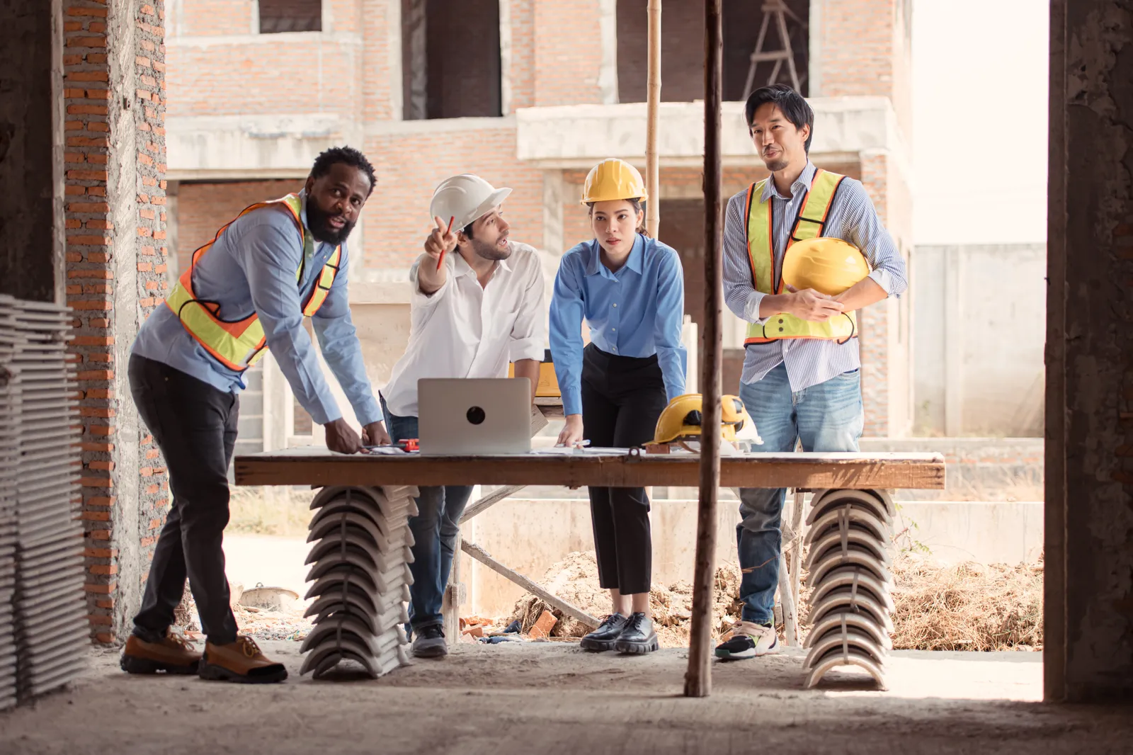 A group of four construction workers surrounding a computer.