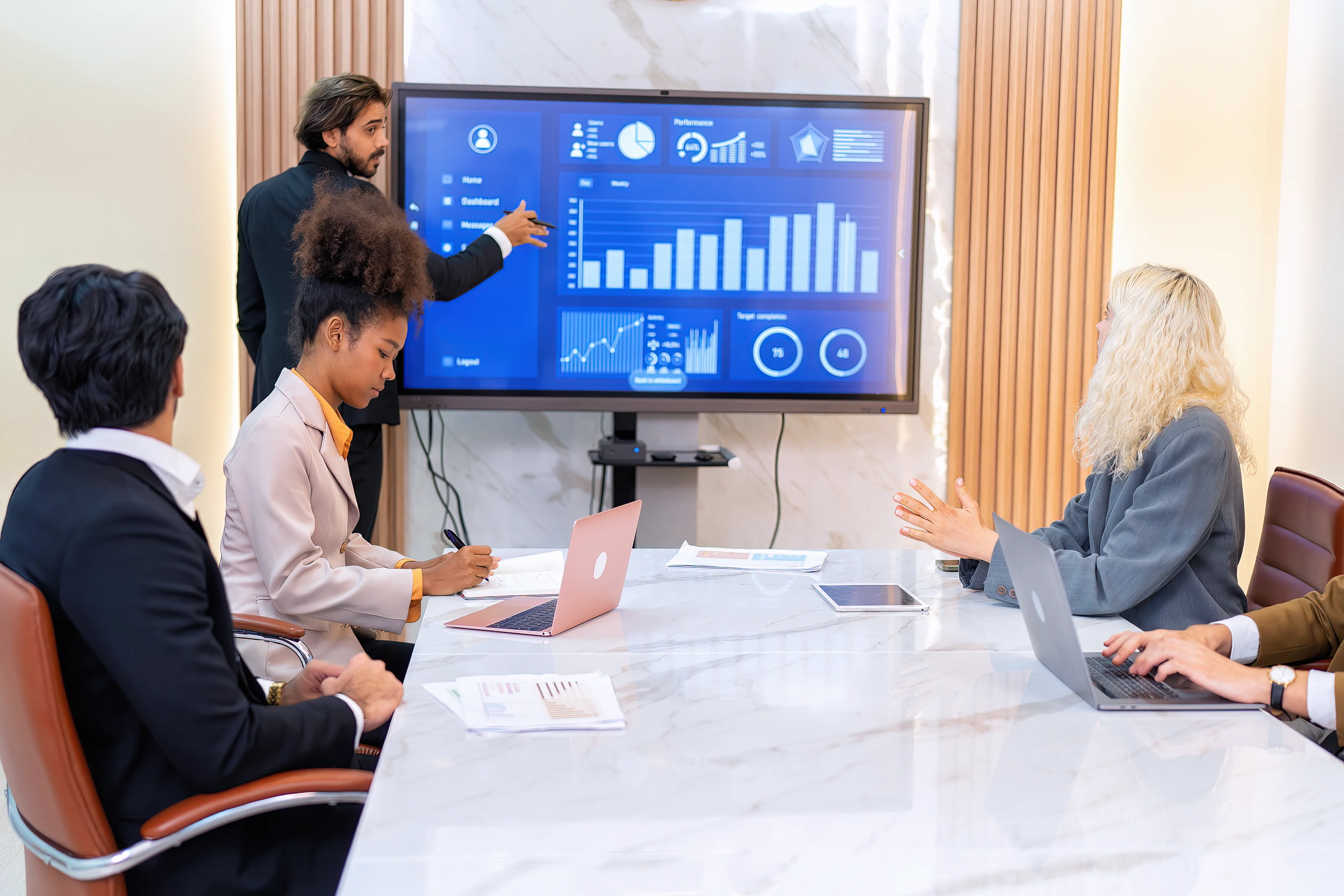 A business meeting. The manager is pointing at graphs on the screen. Two of the workers are taking notes while the other two are responding to the graphs.