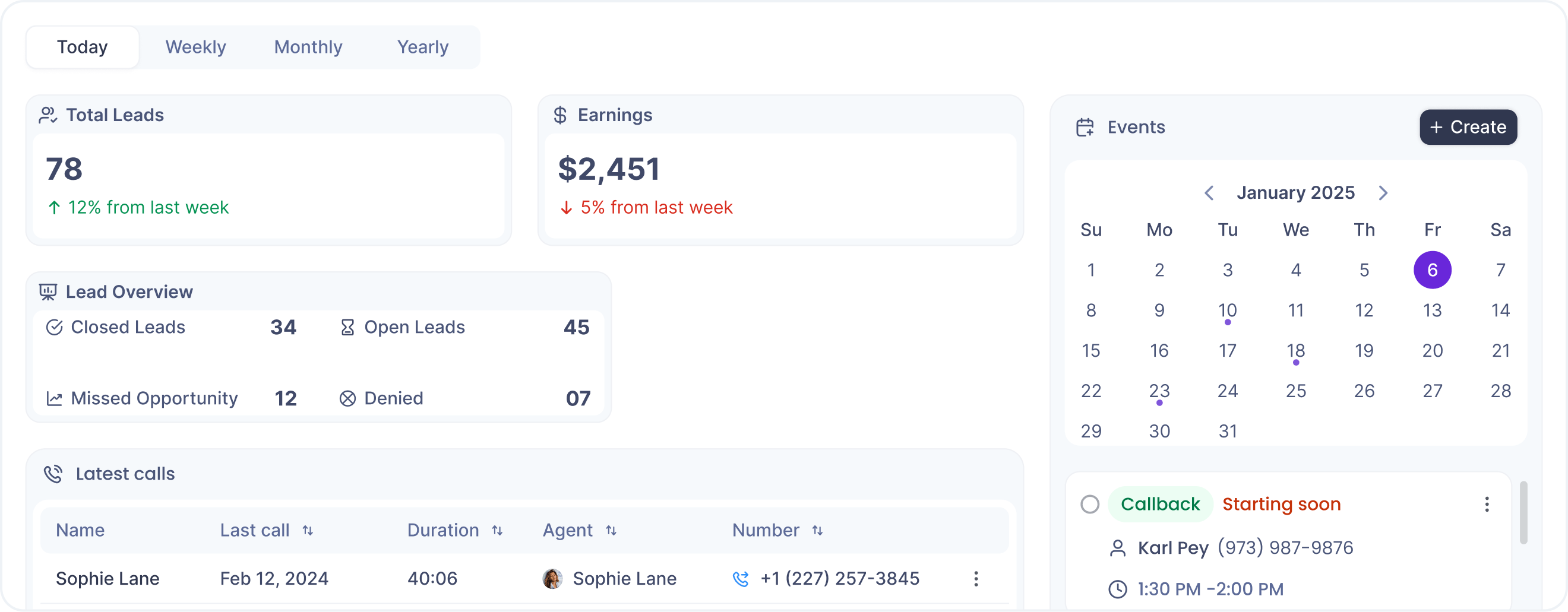 The Hooked Dashboard with a highlight on the scheduling feature, including the events calendar, and a toggle to see the statistics from daily, weekly, monthly, and yearly earnings