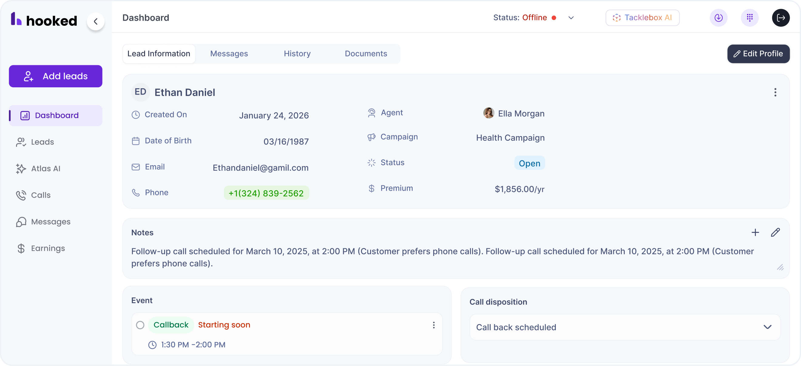 A screenshot of the Hooked Lead Page