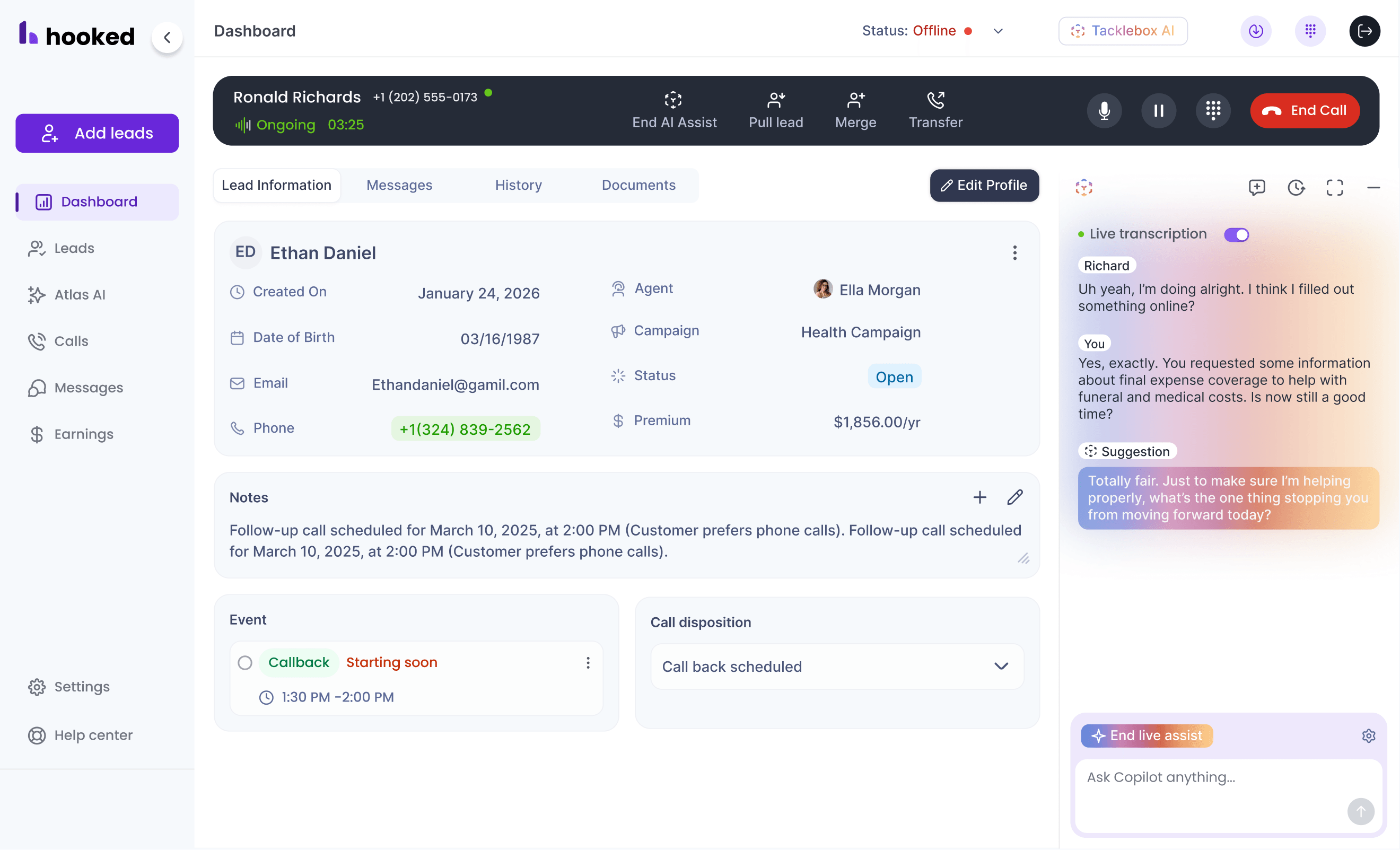 The Hooked Dashboard with Tacklebox AI's live transcription occurring during a call. It provides a suggestion to the user as they are on the call.