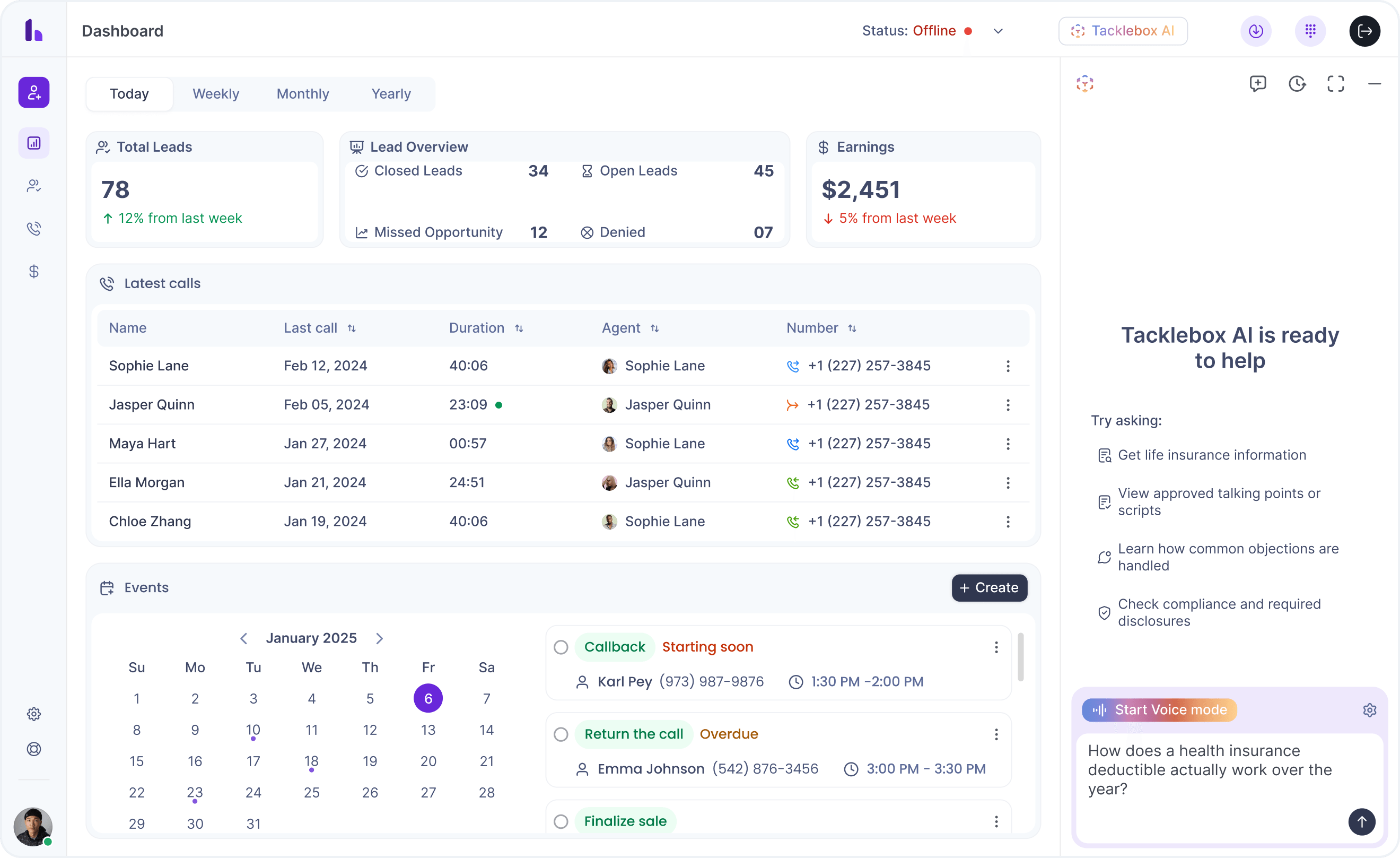 The Hooked Dashboard with Tacklebox AI active on the right side of the image