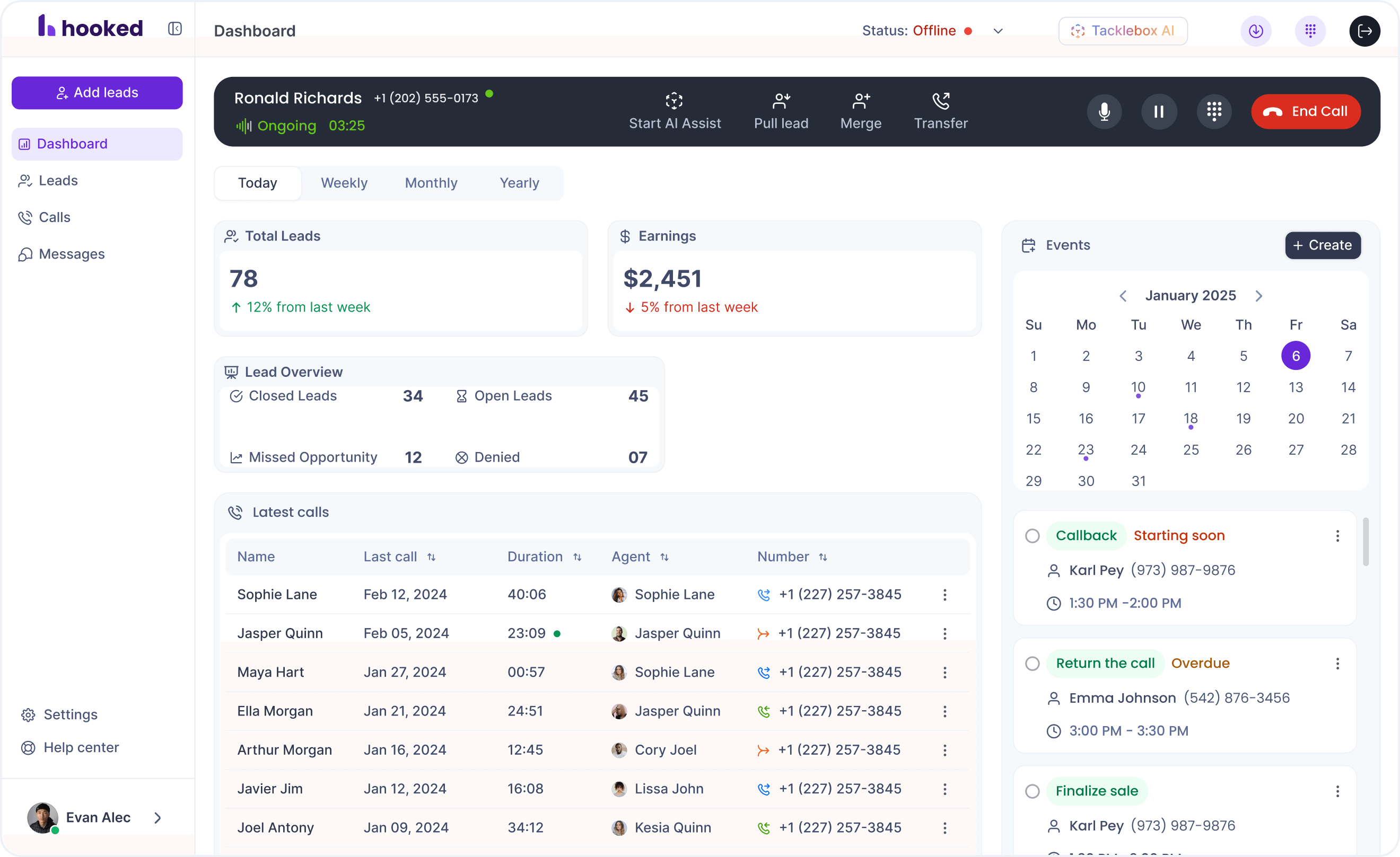 The Hooked Dashboard with an active call occurring