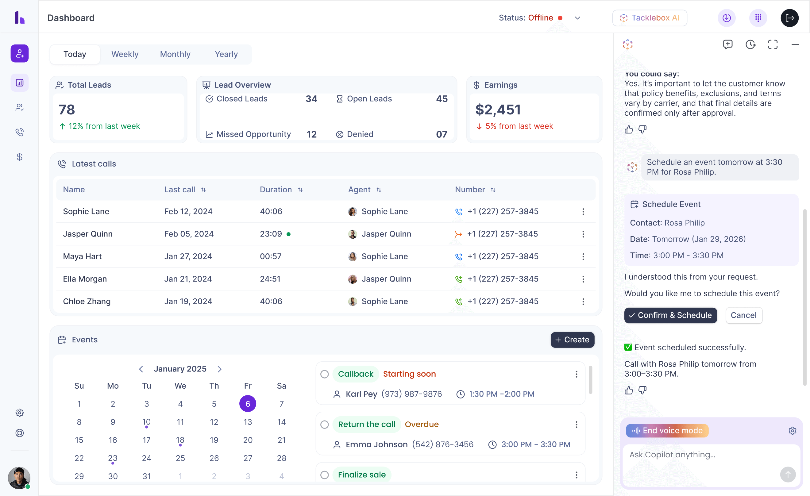 The Hooked Dashboard with the Tacklebox AI active on the screen. The user is asking the AI to schedule an event on their calendar.