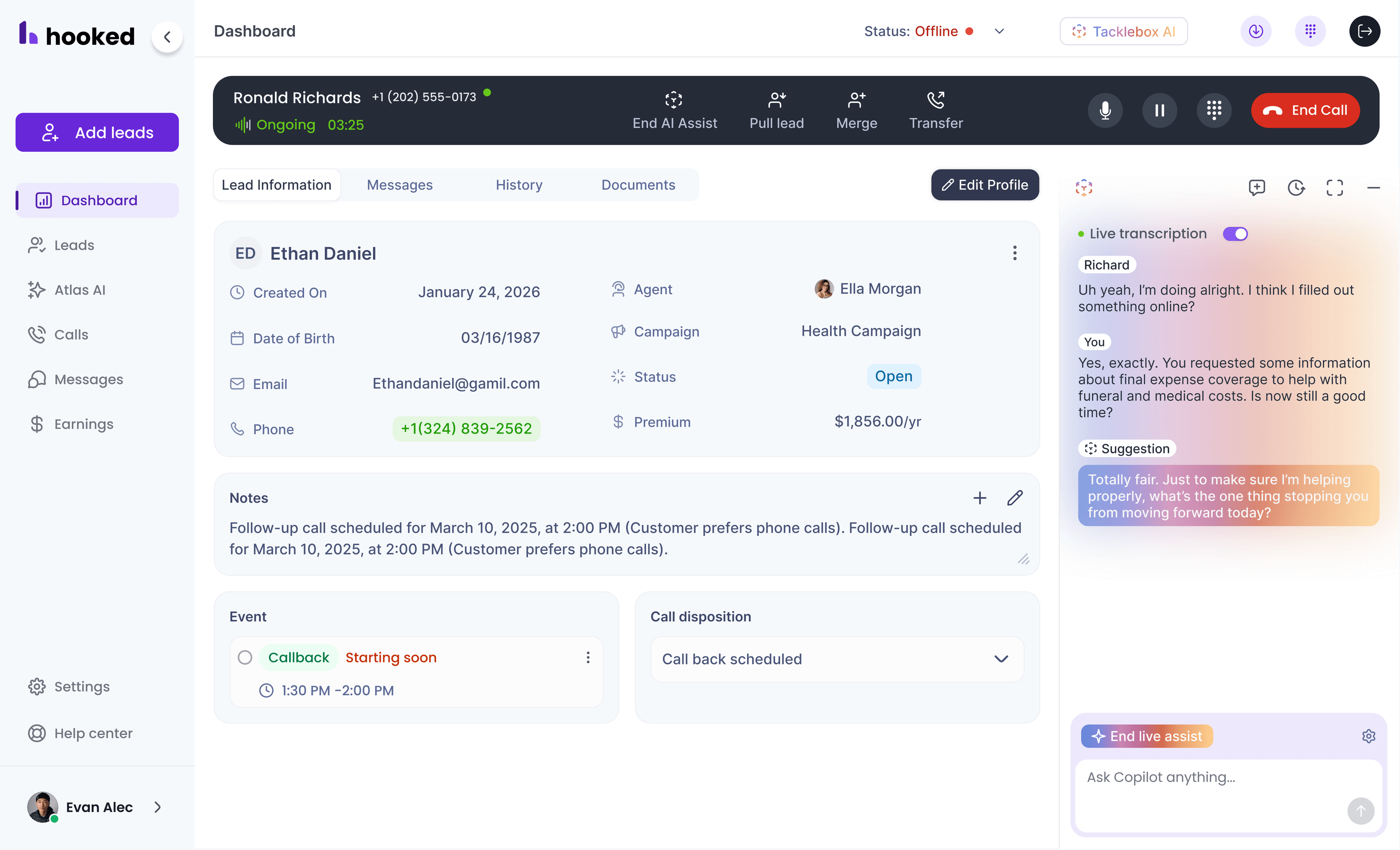 The Hooked dashboard. It shows an active call going on with the Live AI Assist open on the right side of the screen.