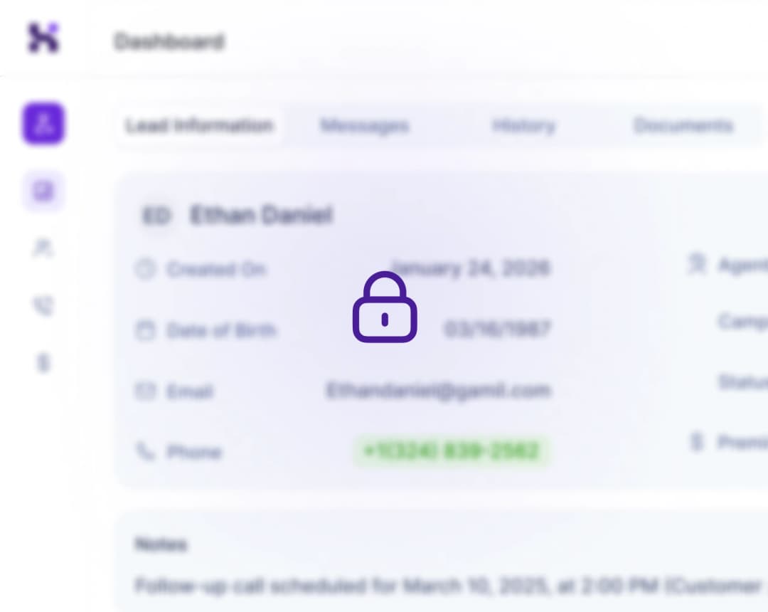 Dashboard with lead information overlaid with a lock icon and blur effect