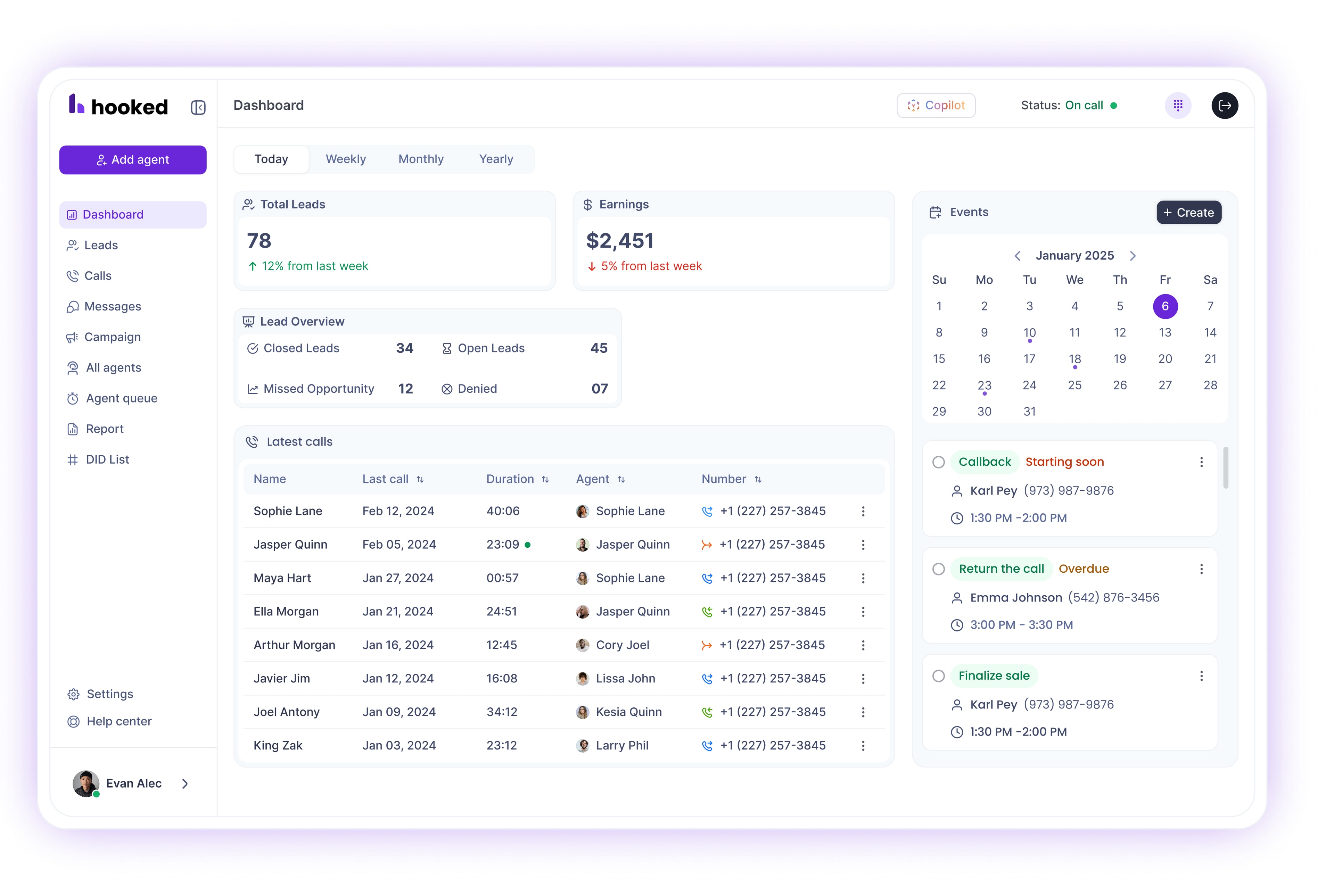 Hooked Dashboard view