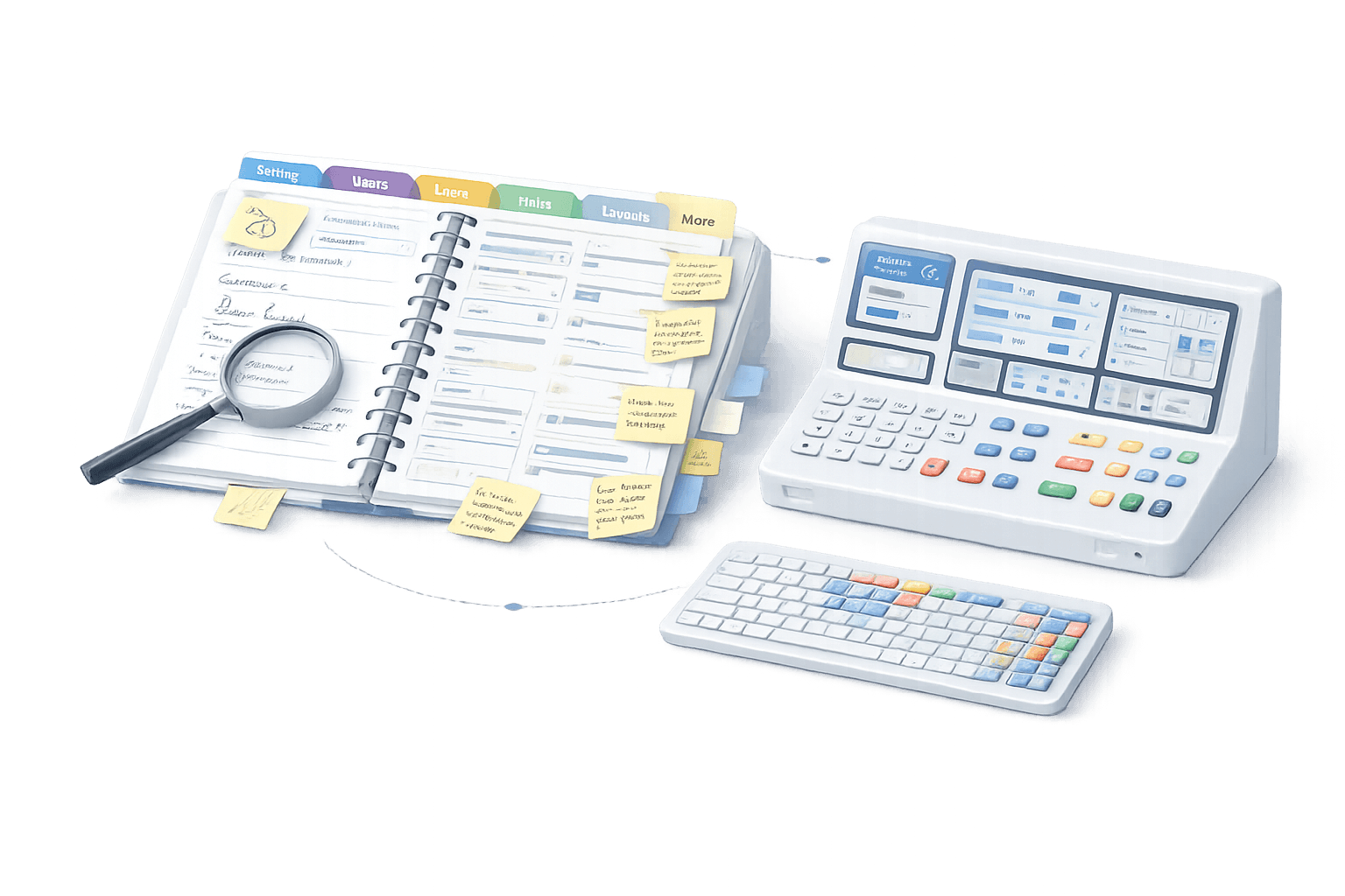 A filled-out daily planner covered in sticky notes with a magnifying glass on top. It’s sat next to a complex calculator and a computer keyboard
