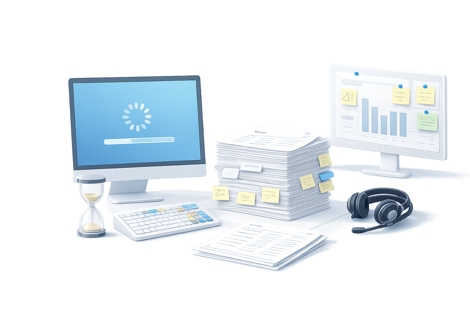 A computer stuck on a loading page. There is an hourglass running out of time next to a keyboard in front of the monitor. A large stack of papers covered in sticky notes and a notebook filled with notes sits beside the keyboard, and another monitor with graphs and notes lies next to the papers. A headset is in front of the second monitor
