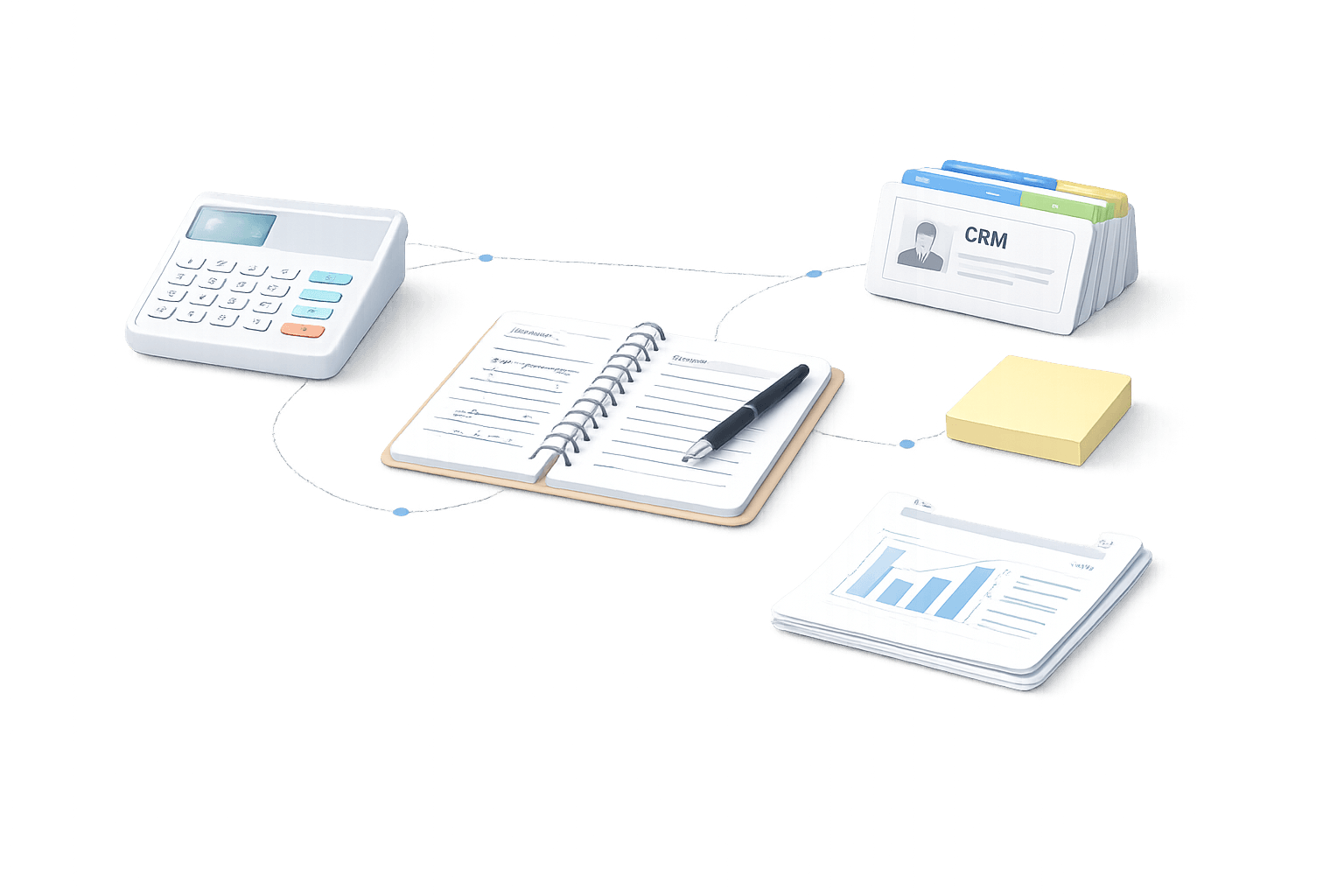 A calculator, sticky notes, a notebook, a pencil, a stack of papers with statistics, and a group of contact information next to each other.