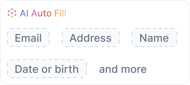 AI auto-fill panel for email, address, name, and date fields