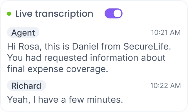 Live transcription panel showing agent and customer conversation