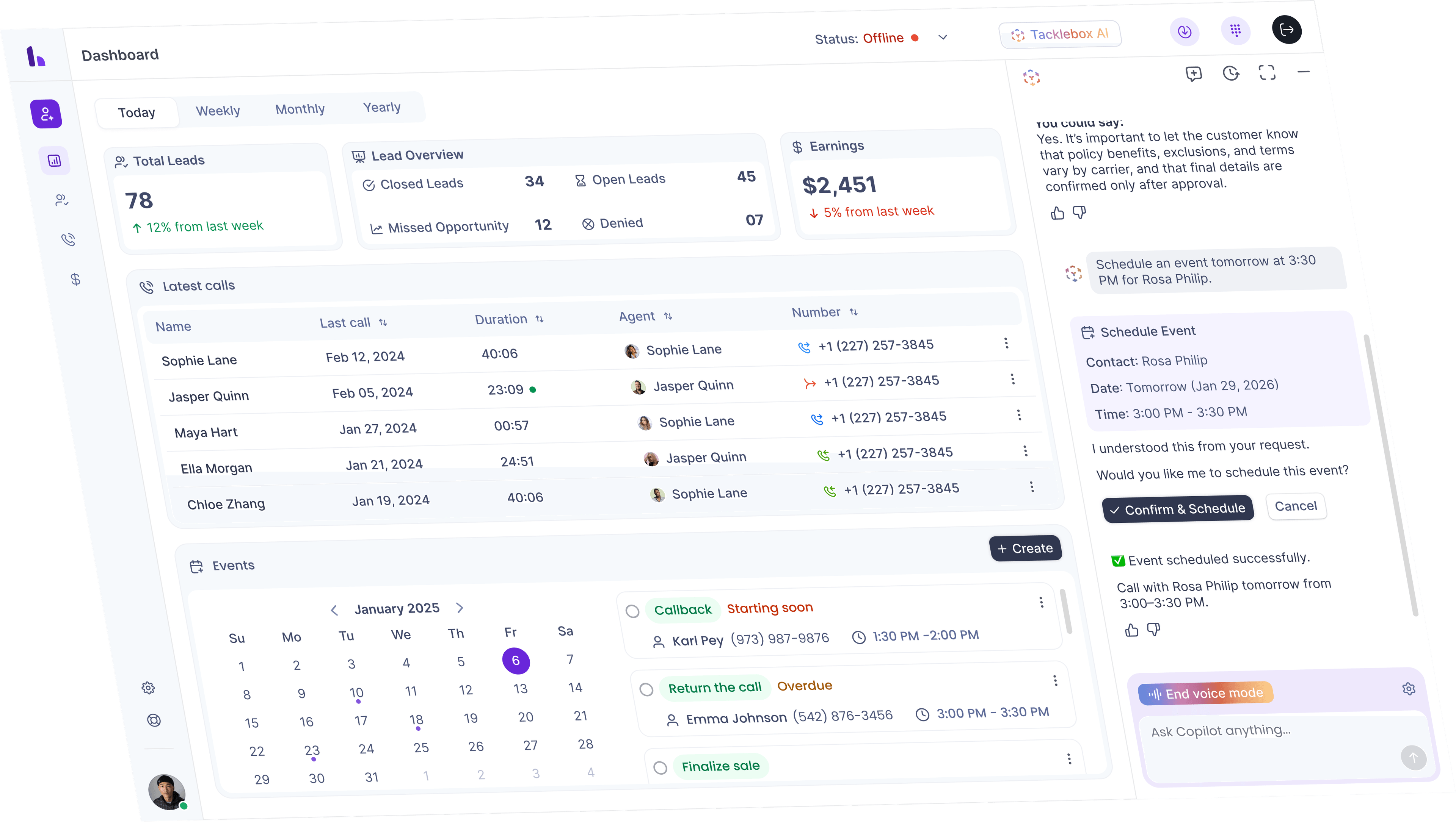 Hooked CRM dashboard showing unified sales platform interface
