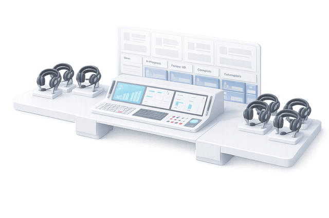 Seven headsets placed neatly around a computer system. Many files are neatly organized behind the computer monitors.