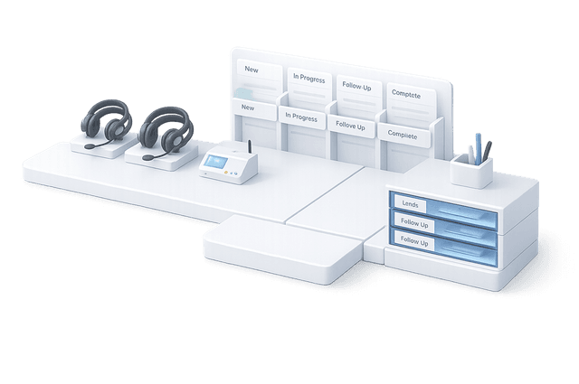 A set of headsets next to a radio. There are several cubbies for files and a small drawer for multiple employees. A small cup of pens sits on top of the drawer.