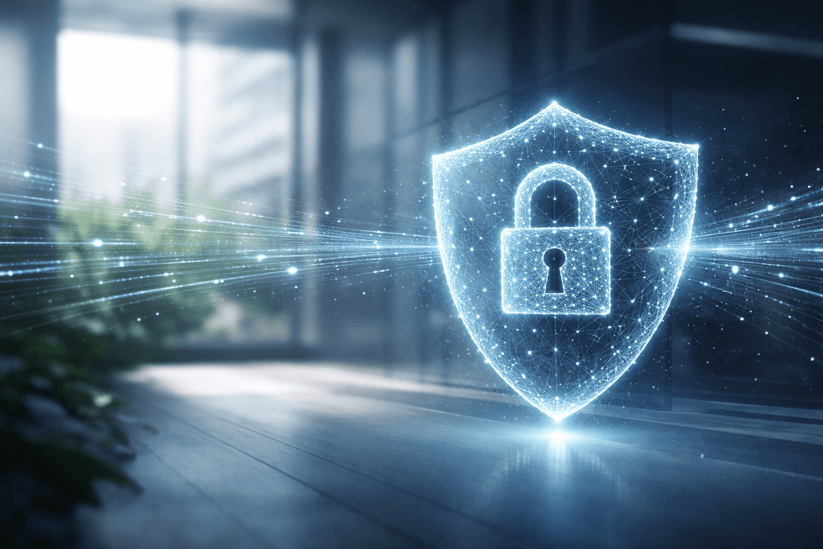 Security shield protecting sensitive data with blue glowing effect