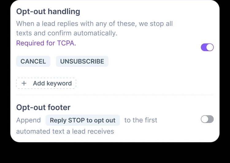 Opt-out handling settings with CANCEL and UNSUBSCRIBE keywords, required for TCPA, and an opt-out footer toggle