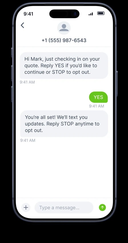 Phone showing an SMS conversation with automatic opt-in confirmation and STOP opt-out handling