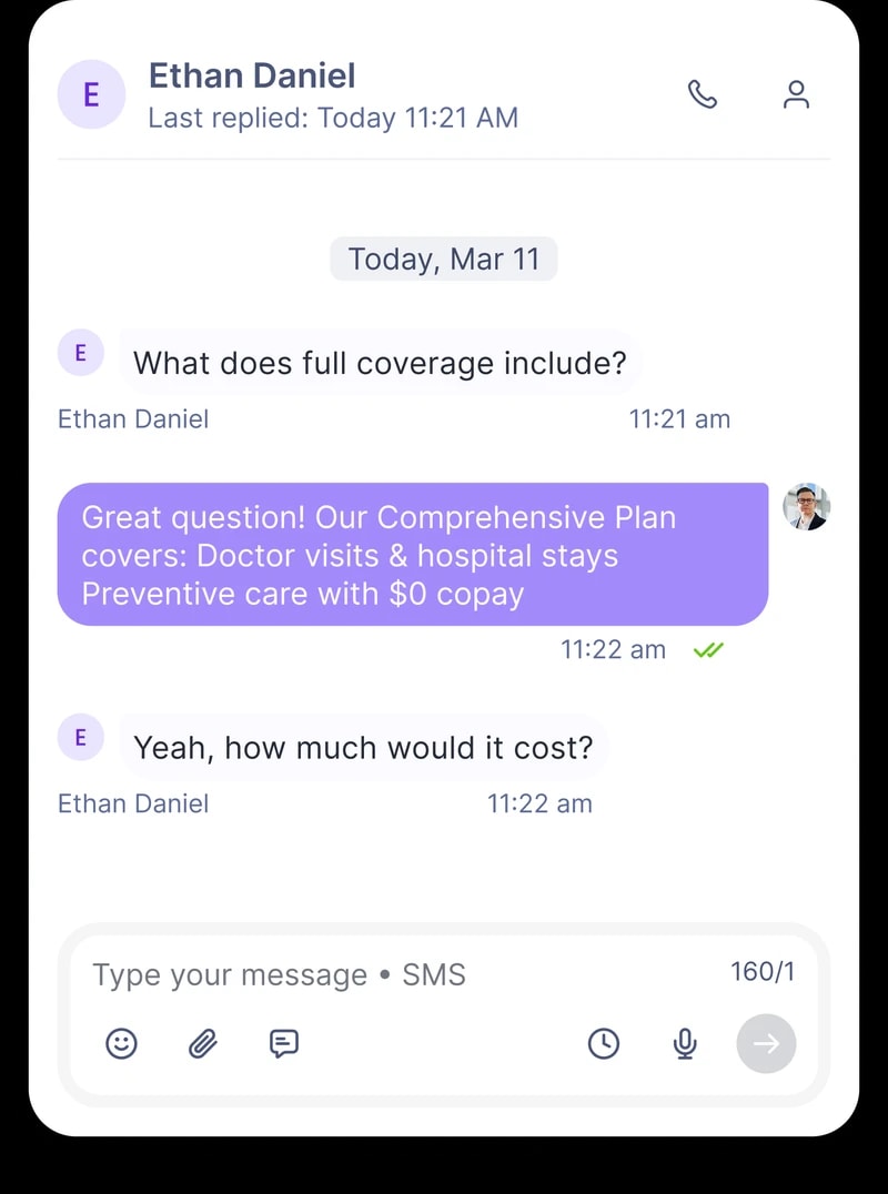 SMS conversation in Hooked showing a two-way text thread with a lead about coverage and pricing
