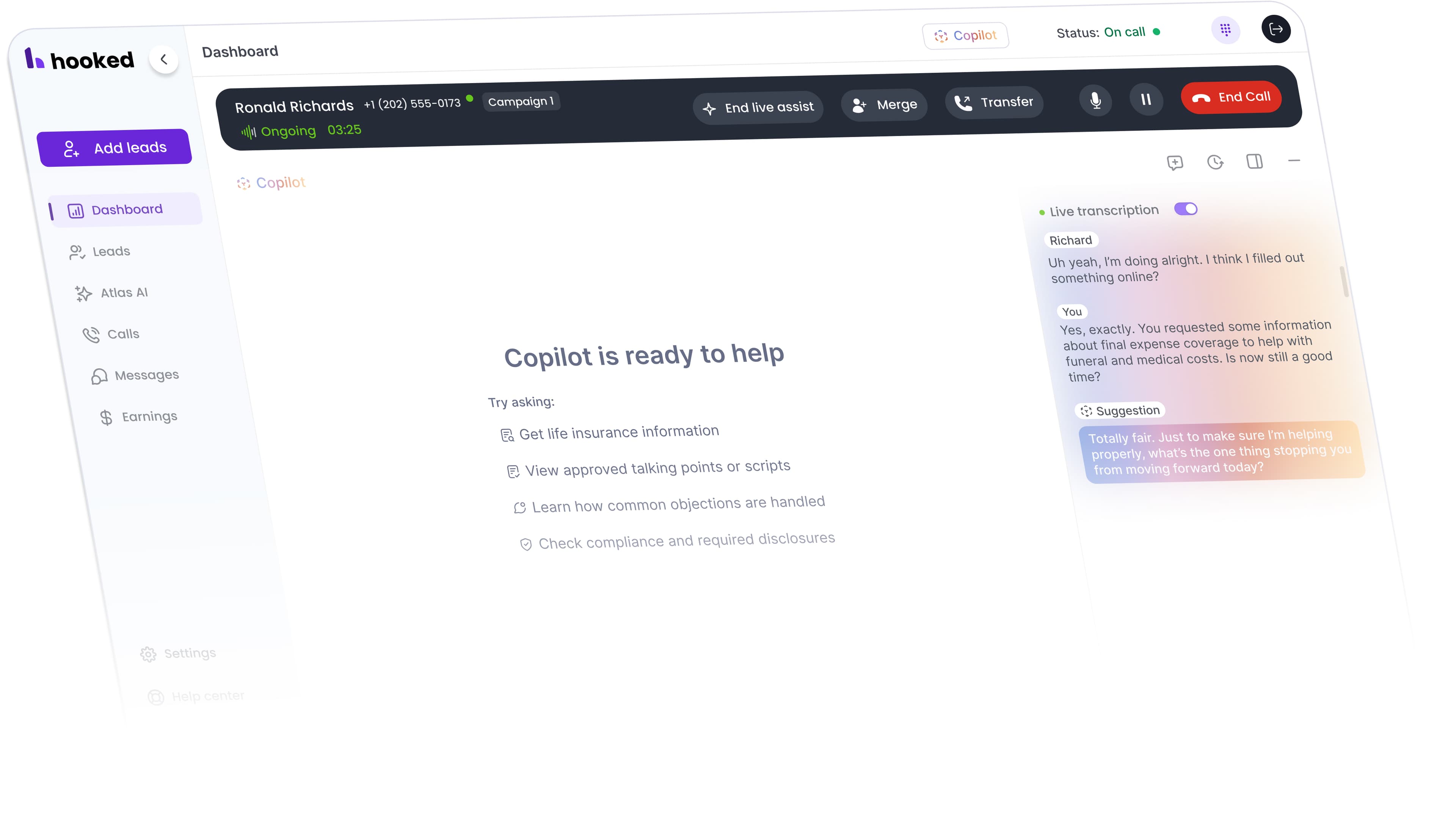 AI-powered live call transcription and coaching interface
