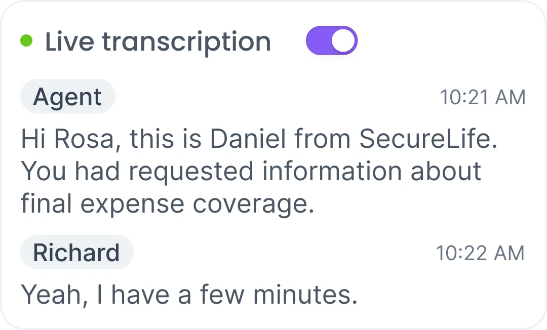 Live transcription with agent messages